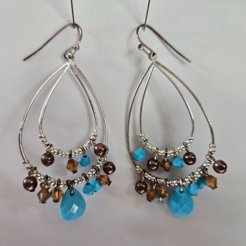 Boho Sterling Silver wire earrings with Turquoise and Brown Beads